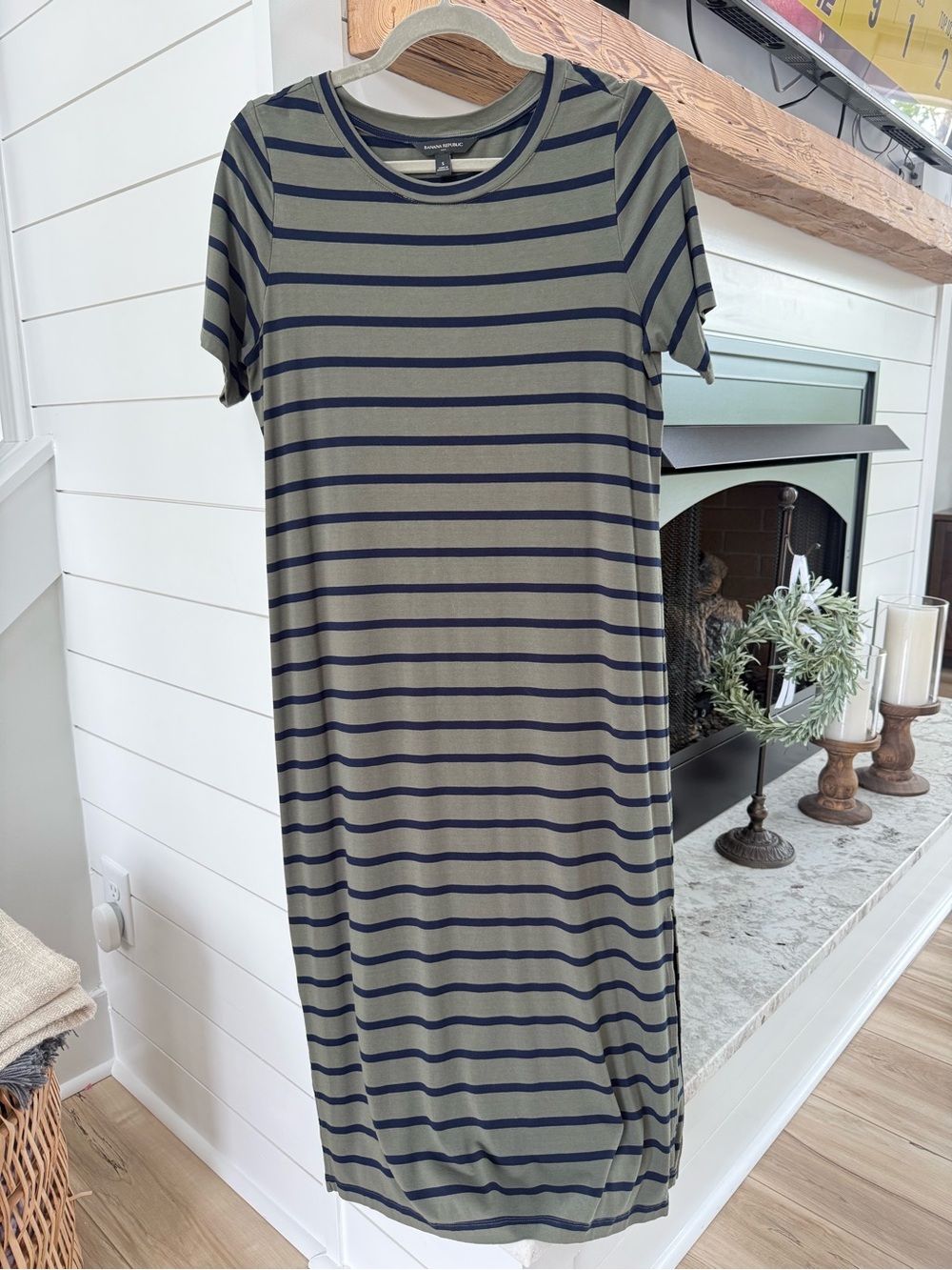 Striped Short-Sleeve Maxi Cotton Dress in Olive and Navy. Worn just a few times